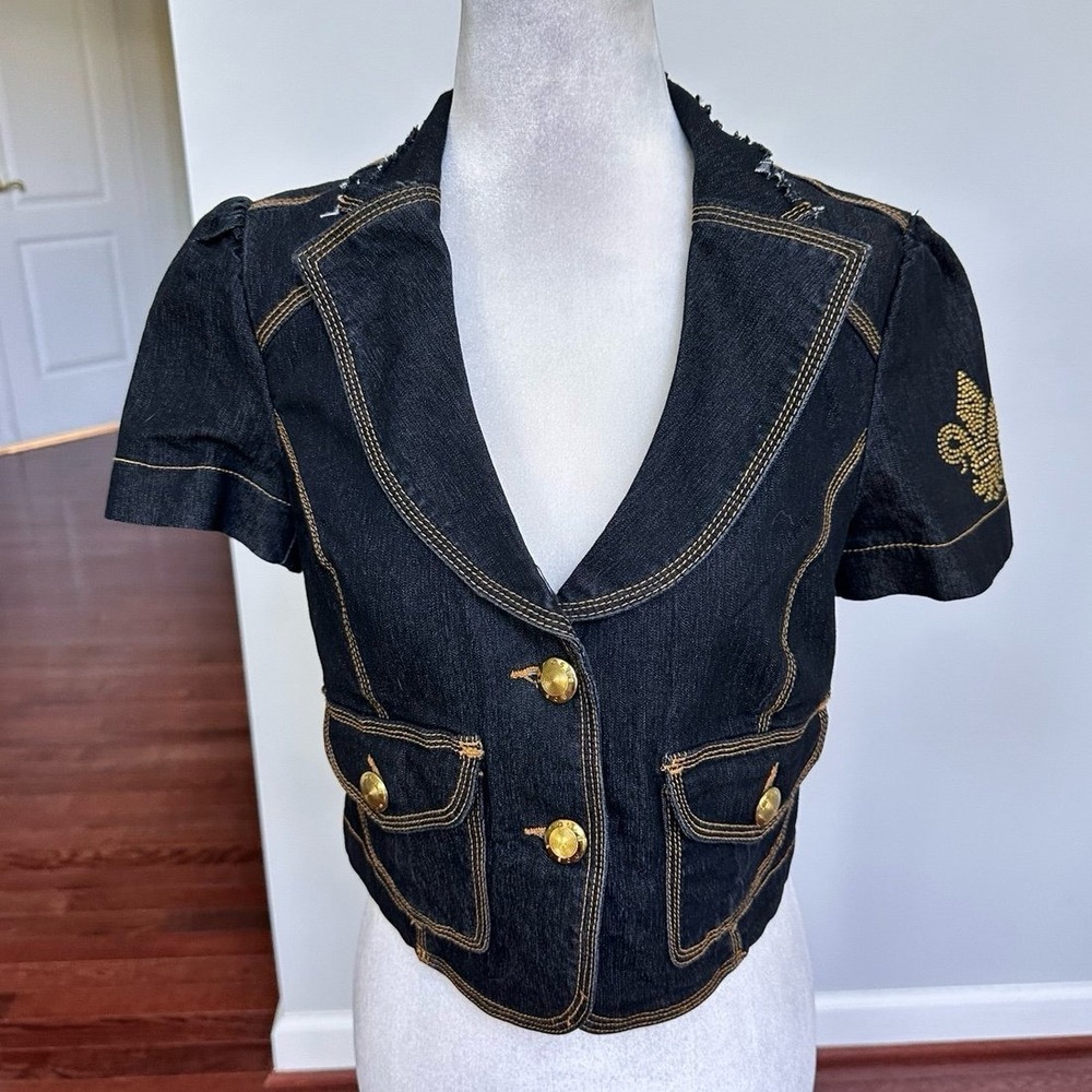BISOU BISOU Dark Denim Gold Hardware Button Up Cropped Sexy Top Jacket Small - Picture 4 of 12